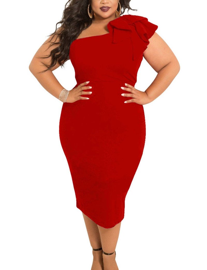 Mokoru Women's Sexy Ruffle One Shoulder Bodycon Elegant Cocktail Party Midi Dresses, X-Large, Red - Image 4